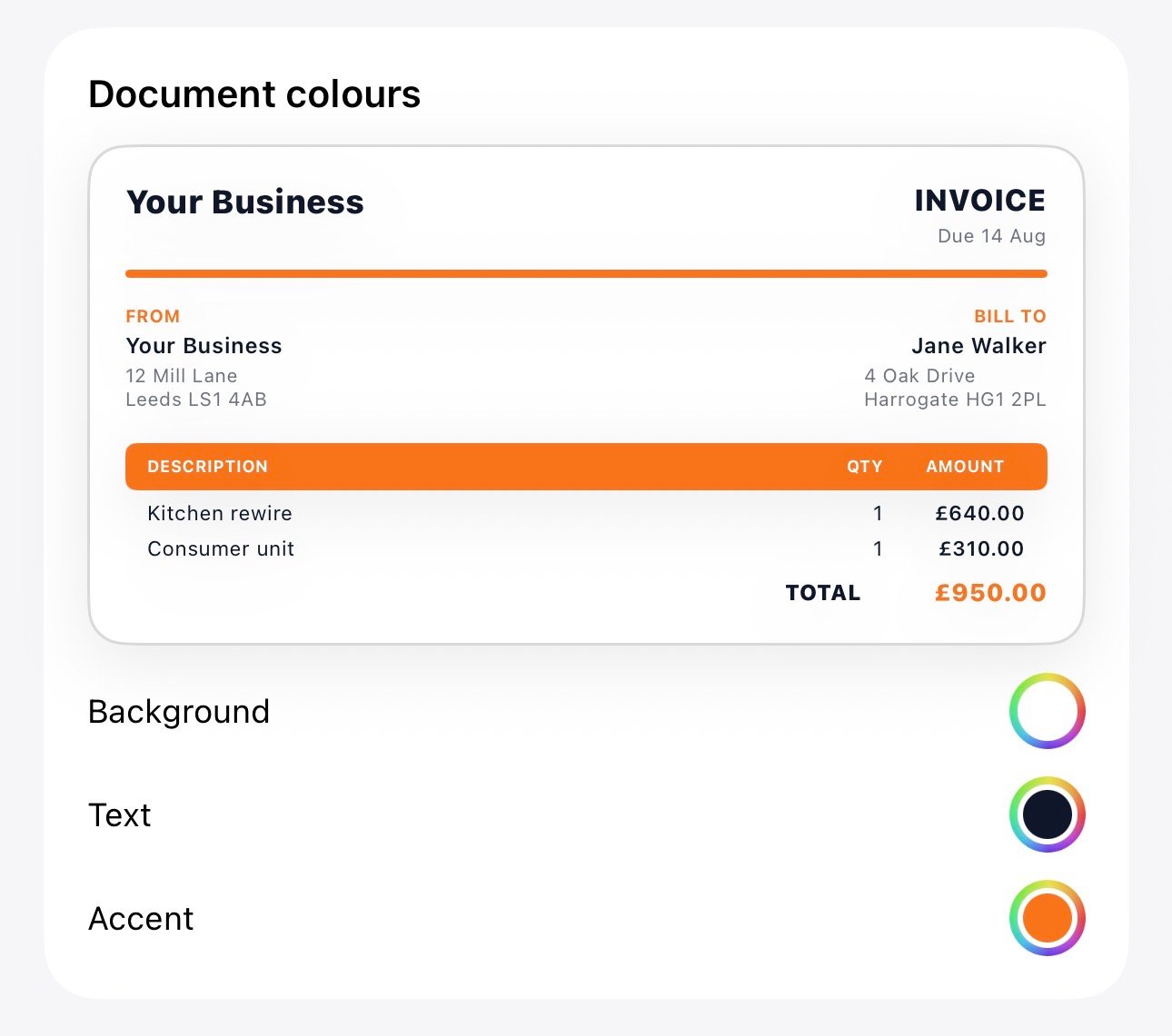 Document colour customisation screen