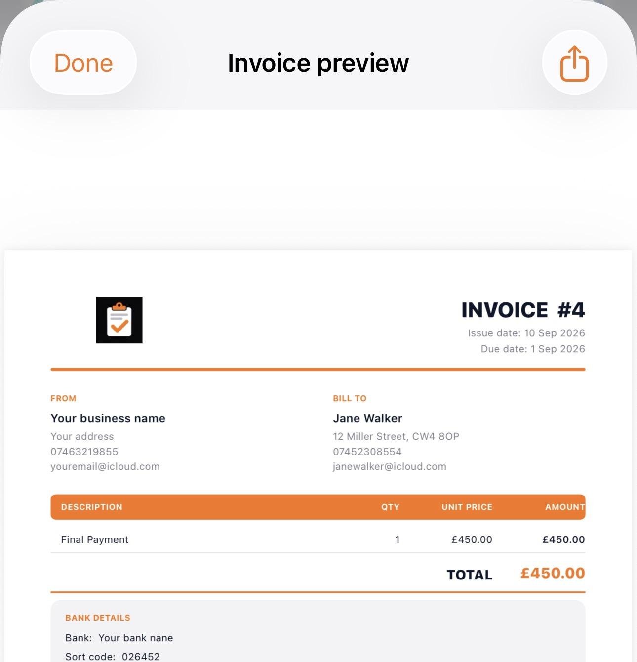 BusinessFlow invoice preview showing an itemised invoice with bank details